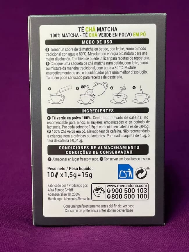 Indicaciones del te matcha Mercadona